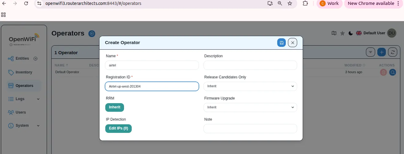 Operator details form